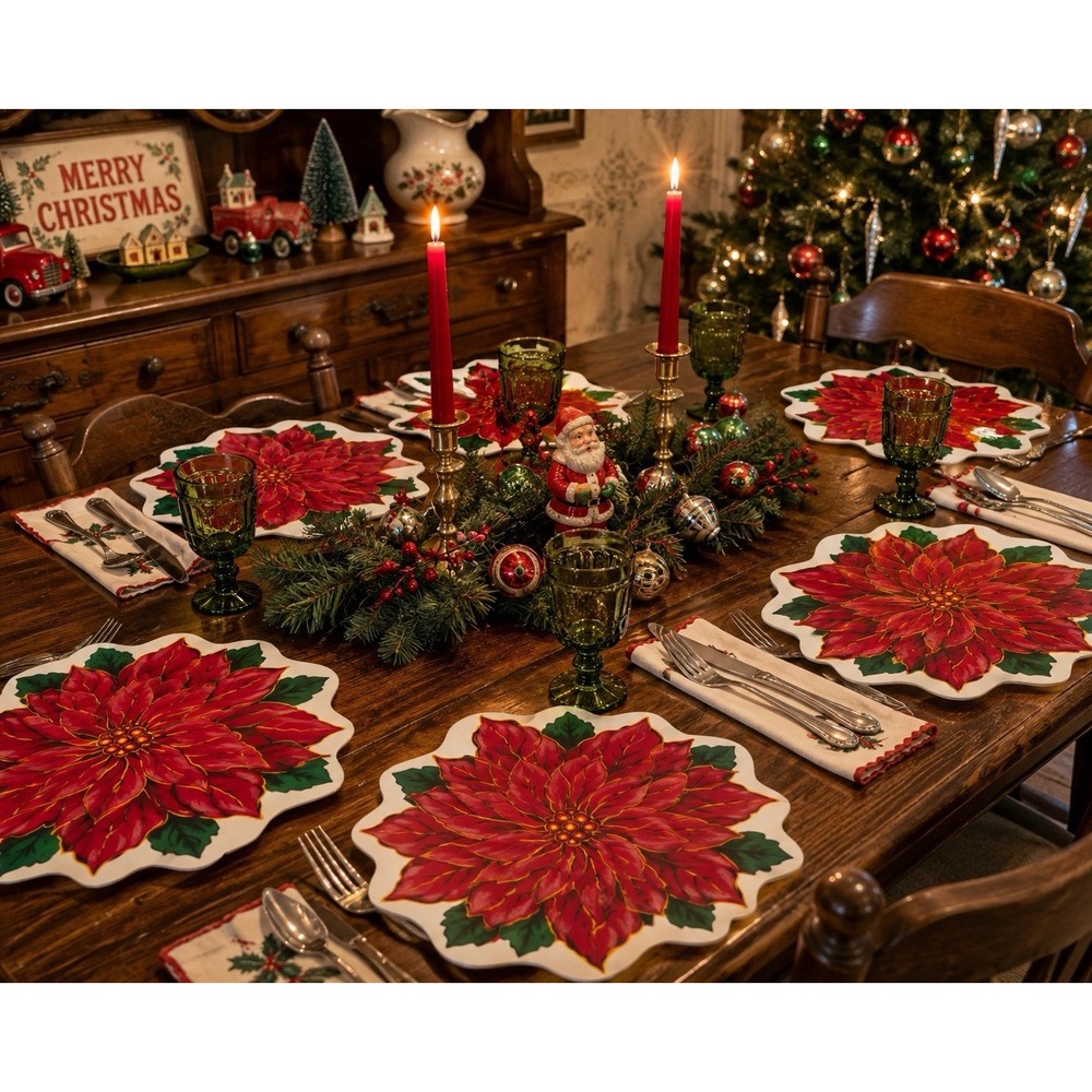 Vintage Kmart Trim A Home Poinsettia Placemats Set of 6 Plus 1 Christmas Vinyl